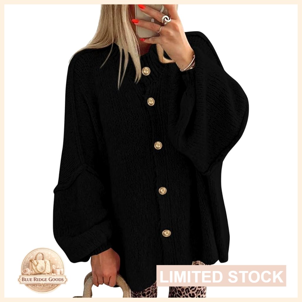 Oversized Chunky Knit Cardigan Lantern Sleeve Button Front Loose Fit Chic